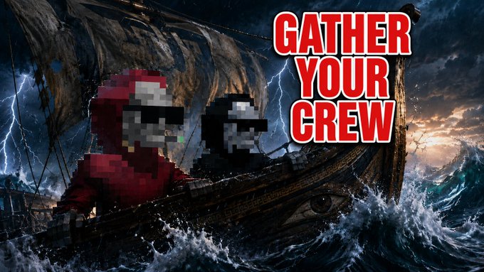 A promotional image showing pixelated figures on a stormy ship at sea with the bold red text 'GATHER YOUR CREW' displayed prominently.