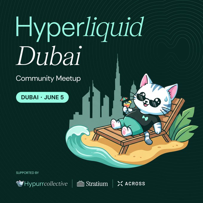 The image features a cartoon cat sitting on a beach chair, wearing sunglasses and holding a drink. The background of the image is black with white text that reads "HYPERLiquid Dubai - June 5" and "Dubai", indicating the location or date of an event related to Hyper Liquid. There are also logos for StratiumX and Hypurr Collective in the bottom right corner, suggesting sponsorship or collaboration between these parties.