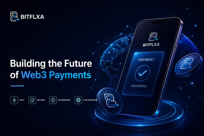 A dark blue promotional graphic for 'BITFLXA' showing a smartphone with a successful payment screen and coins, with text 'Building the Future of Web3 Payments' and features: fast, secure, affordable, for everyone.