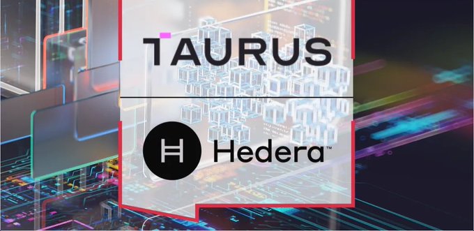 A graphic featuring the Taurus and Hedera logos overlaid on a digital/circuit board background.