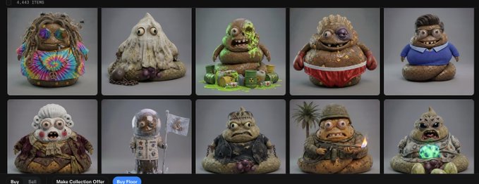 A digital gallery displaying 10 grotesque clay-style NFT characters, including figures resembling a hippie, ghost, zombie, and businessman, with "Buy", "Sell", "Make Collection Offer", and "Buy Floor" buttons at the bottom.