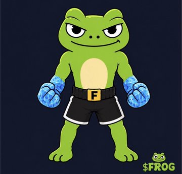 A cartoon green frog mascot wearing black boxing shorts with an 'F' belt buckle and blue boxing gloves, branded as '$FROG' in the corner.