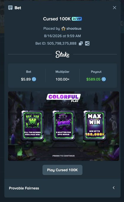 A screenshot from Stake displays a winning "Cursed 100K" bet by user "shootsus" placed on 8/16/2026, showing a $5.89 wager that hit a 100.00× multiplier for a $589.05 payout. The post highlights this big win on Stake while asking users to drop their USDC addresses.