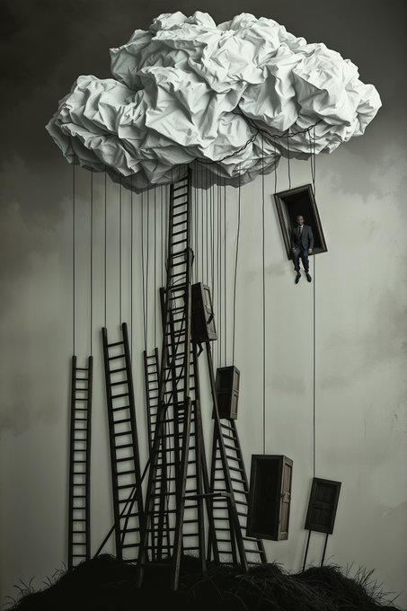 A surreal conceptual artwork depicting a large crumpled paper cloud connected by strings to multiple ladders, doors, and a small framed figure in the sky.