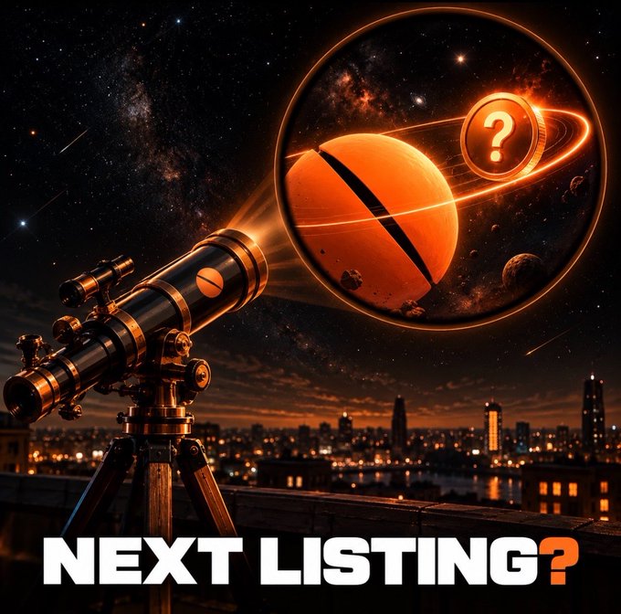 A promotional graphic showing a telescope pointing at a glowing orange basketball-like planet with a question mark symbol, set against a starry night sky over a city skyline, with the text 'NEXT LISTING?' at the bottom.