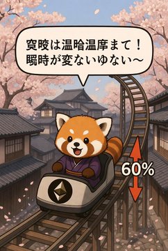 An anime-style illustration of a Shiba Inu dog character riding a monorail past traditional Japanese buildings with cherry blossoms, with Japanese text and a "60%" graphic indicating the altcoin's volatility warning.