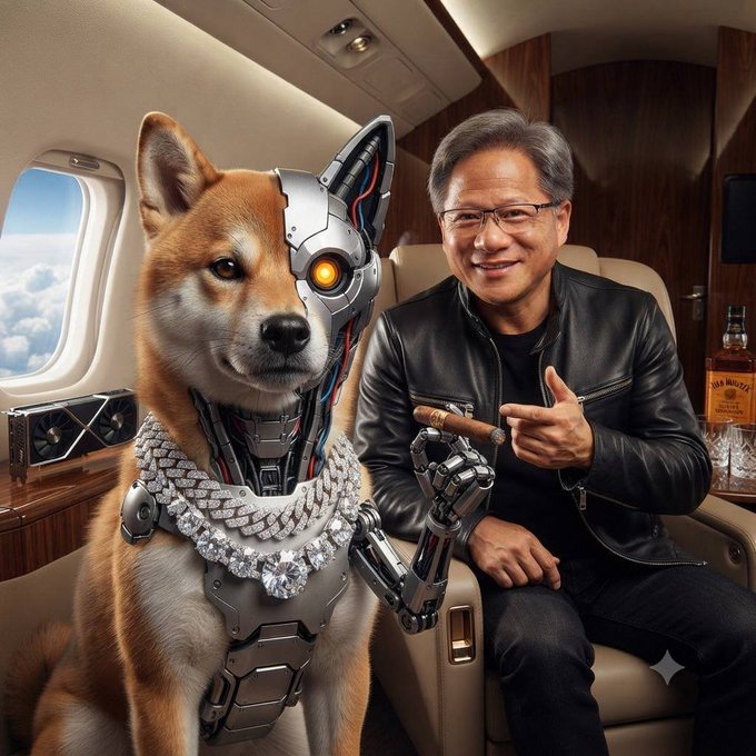 An AI-generated image of Jensen Huang wearing his signature black leather jacket, sitting in a private jet next to a cyborg Shiba Inu dog that is wearing diamond chains and holding a cigar.