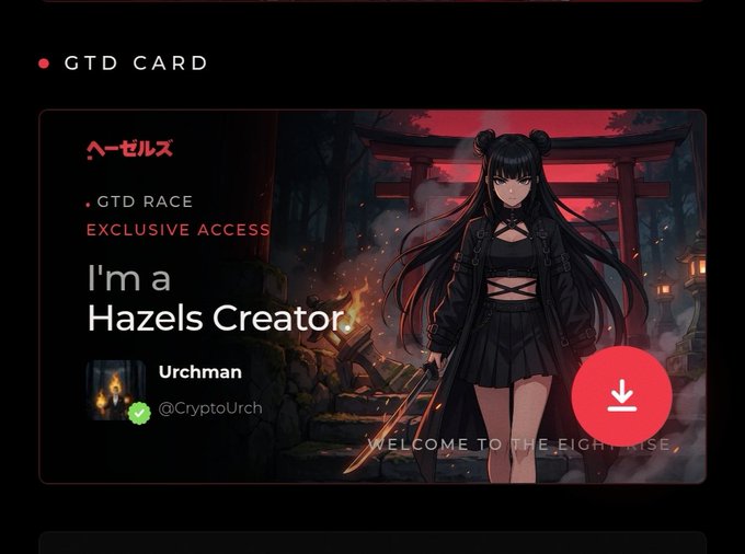 A GTD Card membership display featuring anime artwork of a dark-haired warrior at a Japanese torii gate, advertising 'GTD RACE EXCLUSIVE ACCESS' with the username Urchman (@CryptoUrch) and the text 'I'm a Hazels Creator' alongside Japanese text 'ヘーゼルズ'.