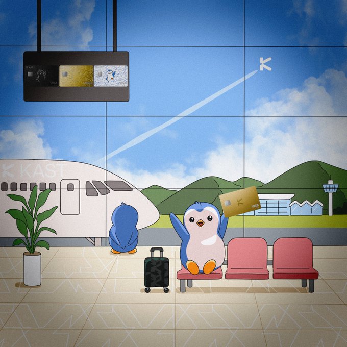 Animated airport scene featuring two penguin characters sitting on red benches with luggage, with a card display showing 'K KAST' in the background.