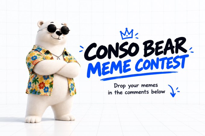 A stylish polar bear wearing round sunglasses and a tropical Hawaiian shirt stands confidently with arms crossed next to bold text reading "CONSO BEAR MEME CONTEST - Drop your memes in the comments below," promoting a giveaway of 30 BOTS GTD spots for the best user-submitted CONSO Bear memes.