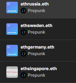 A list of Ethereum domain names including 'ethrussia.eth', 'ethsweden.eth', 'ethgermany.eth', and 'ethsingapore.eth', each tagged with 'Prepunk'.