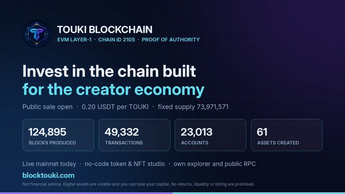 A promotional advertisement for 'TOUKI BLOCKCHAIN' with text reading 'Invest in the chain built for the creator economy' and statistics showing 124,895 blocks produced, 49,332 transactions, 23,013 accounts, and 61 assets created.