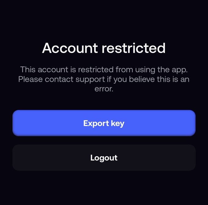 A mobile app screen displays an "Account restricted" message, notifying the user: "This account is restricted from using the app. Please contact support if you believe this is an error," with buttons to "Export key" and "Logout"—reflecting the user's claim of being restricted from the @frankdegods and @fomo decentralized app following earlier tweets.