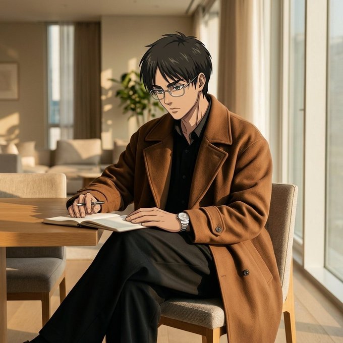An anime-style illustration of a young man with glasses, dark hair, and a brown coat sitting at a table writing in a notebook inside a sunlit modern room.