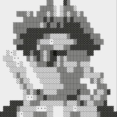 A black and white pixelated/dithered image of a person wearing a flower crown, depicted in a retro or 8-bit art style.