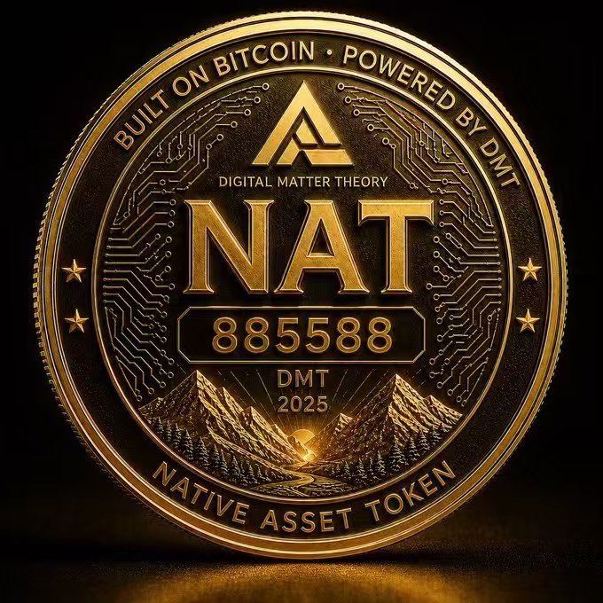 The image features a gold coin with a black background that has the words "NAT" written on it. The coin also displays the numbers "885588" and "DMT" printed on it, indicating its value or association with a specific event or project.