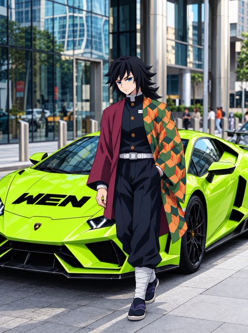 An anime-style character with long black hair wearing a haori stands confidently in front of a bright green Lamborghini in an urban setting.
