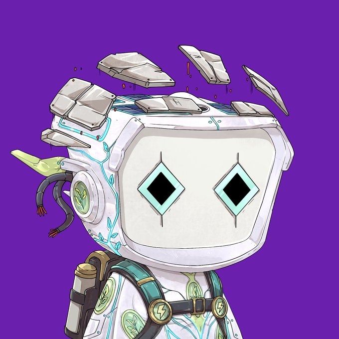 An illustration of a white, blocky robot character with a cracked, open head revealing inner mechanisms, featuring diamond-shaped black eyes and a teal harness, set against a solid purple background.