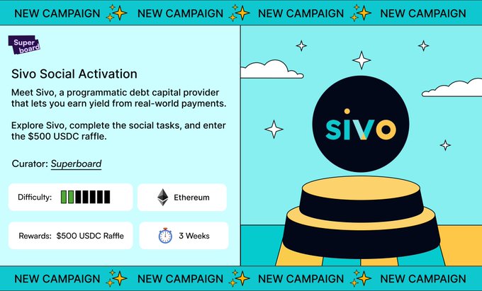 A promotional graphic for the "Sivo Social Activation" campaign, featuring the Sivo logo on a circular pedestal with details about earning $500 USDC raffle rewards through completing social tasks on Ethereum over 3 weeks, curated by Superboard. The image visually complements the post by highlighting the same campaign details and call to join at superboard.xyz.