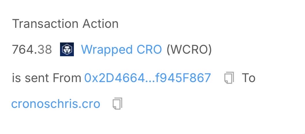 A cryptocurrency transaction notification showing that 764.38 Wrapped CRO (WCRO) is being sent from address 0x2D4664...f945F867 to cronoschris.cro.