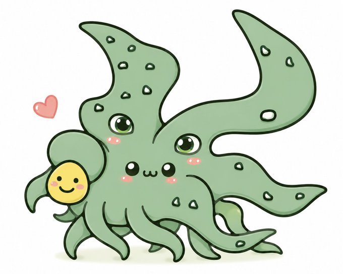 A cute cartoon illustration of a smiling green tentacled creature with big eyes, holding a yellow smiley face ball, accompanied by a small pink heart.