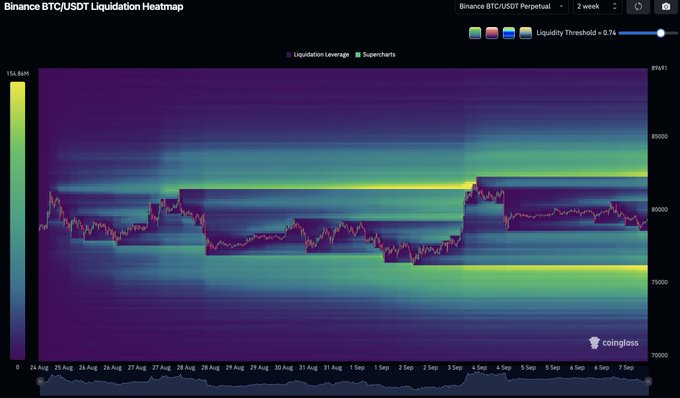 The image is a Binance BTC/USDT Liquidation Heatmap from Coinglass covering a 2-week period, showing liquidation leverage zones in yellow/green against a purple background with price action ranging between ~70,000 and ~95,000. The chart visually supports the post's claim by highlighting a dense concentration of liquidation leverage (bright yellow band) just below recent lows near $76,100, indicating a potential liquidity magnet that could attract price lower before the next major move.