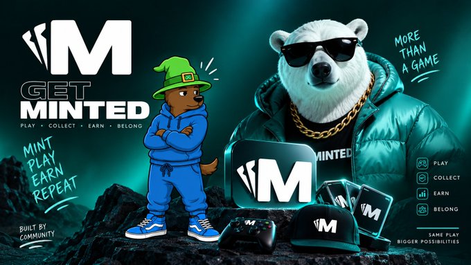 A promotional banner for 'MINT' featuring the polar bear mascot in a green puffer jacket on the right and a smaller bear character in a green hat and blue hoodie on the left, alongside merchandise and icons with text reading 'GET MINTED', 'PLAY, COLLECT, EARN, BELONG', and 'MORE THAN A GAME'.