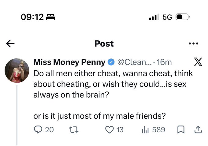 A screenshot of an X (Twitter) post from user 'Miss Money Penny' (@Clean...) asking 'Do all men either cheat, wanna cheat, think about cheating, or wish they could...is sex always on the brain? or is it just most of my male friends?' with 589 views and 20 comments.