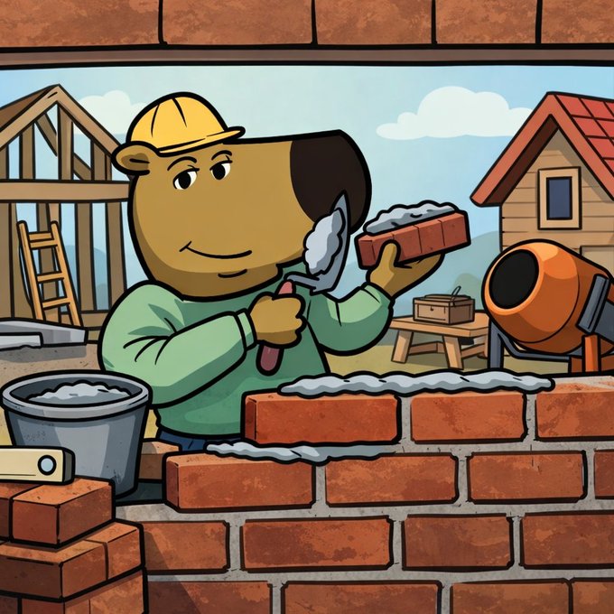 A cartoon illustration of a yellow-skinned construction worker wearing a hard hat, holding a trowel and brick while building a brick wall, with houses and a cement mixer in the background.