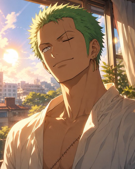 An anime-style illustration shows a green-haired, muscular man with a scar over his eye winking at the viewer, wearing an open white shirt that reveals a chest scar, set against a sunny cityscape.