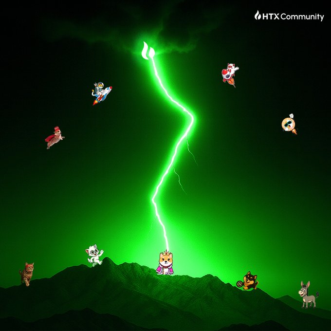 A green lightning bolt strikes down on a crowned HTX character atop a mountain, surrounded by meme-themed coins (dogs, cats, an astronaut, and other creatures) under a dramatic green sky, with "HTX Community" displayed in the top right corner—visually echoing the post's theme of sudden, electrifying market momentum and which coin might be the next to surge.