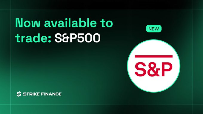 A promotional banner from Strike Finance announcing that S&P500 is now available to trade, featuring the red S&P logo on a green background.