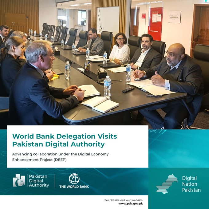 A photo captioned 'World Bank Delegation Visits Pakistan Digital Authority,' showing officials in a meeting room under the Digital Economy Enhancement Project (DEEP), with logos for the Pakistan Digital Authority and The World Bank.