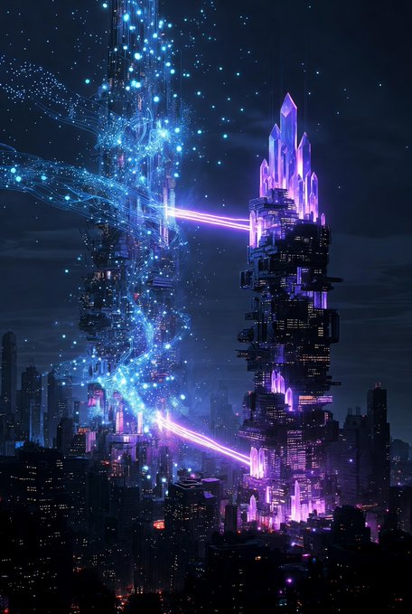 The image shows a futuristic cityscape at night, featuring two tall buildings that are connected by a bridge of lights. These structures have neon purple and blue hues, creating an otherworldly atmosphere. The city appears to be in the process of updating its reward structure and applications, as indicated by the post's title "@XOOBNetwork rolling out Nomisen IDs, updating reward structures, and opening campaign applications while keeping CPA as the top performer". Additionally, there is a discussion about the progress being made with the Nomisen ID updates.