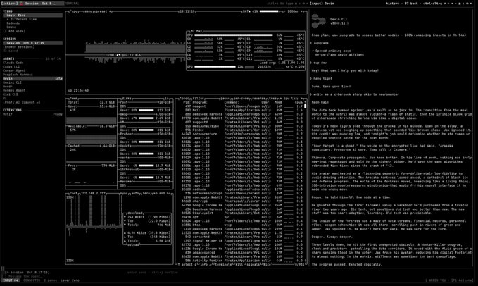 A screenshot of a Linux desktop environment showing multiple terminal windows with system monitoring data, file directories, and a document titled 'Ninety: 87-task dev-station'.