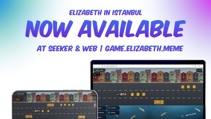 Promotional image for the game "Elizabeth in Istanbul" showing "NOW AVAILABLE" text and the URL "game.elizabeth.meme" alongside screenshots of the mobile and web gameplay featuring Istanbul-style buildings and collectible coins. The image relates to the post cautioning users about the game associated with the SEEKER token, warning against using a SEEKER wallet due to reportedly missing SKR rewards and past rug pull concerns.