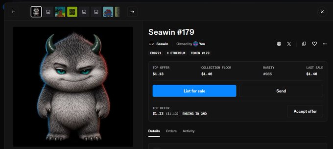 An NFT marketplace listing for 'Seawin #179' showing a furry horned creature priced at 1.13 ETH with a collection floor of 1.46 ETH.
