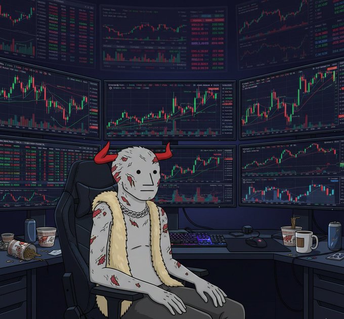 A digital illustration of a horned, tattooed character wearing a fur vest and chain necklace, sitting in a gaming chair surrounded by multiple monitors displaying financial trading charts and candlestick patterns, with cups and a beverage can on the desk.