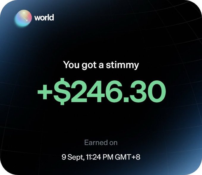 A Worldcoin app notification stating 'You got a stimmy +$246.30' earned on 9 Sept, 11:24 PM GMT+8.