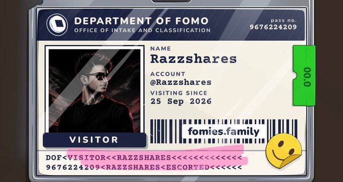 A digital 'Department of FOMO' visitor ID badge for the account @Razzshares, featuring a man's photo, a barcode for fomies.family, and visiting since 25 Sep 2026.