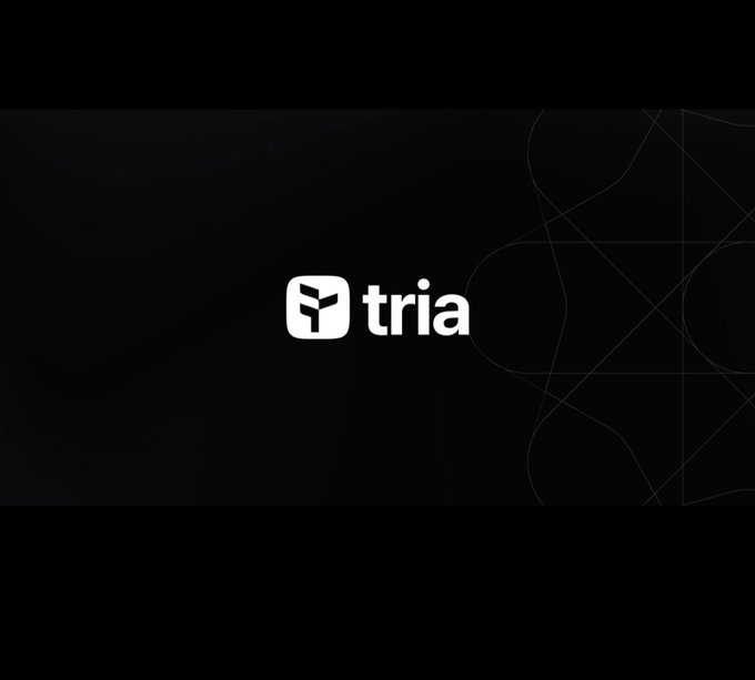 The image features a black background with white text that reads "Tria" followed by an arrow pointing towards the bottom right corner of the screen, which says "Good morning vibes with @useTria Tria is making it easy to interact with decentralized finance, putting crypto to real use in real time with no third-party custody risk". The image also includes a logo for a cryptocurrency exchange called Tria.