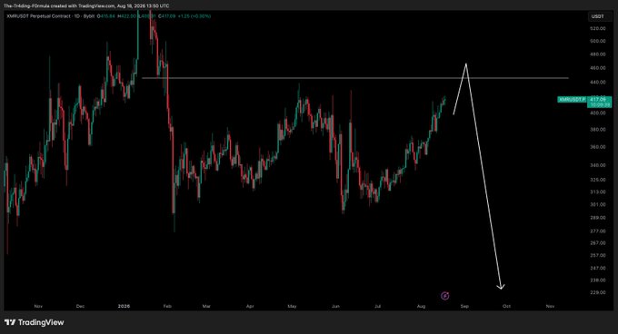 A TradingView chart of the MWR/USD perpetual contract on Bybit shows price action approaching a key resistance level around $440, with an annotated arrow projecting a potential rejection and downward move toward $280. The caption reads "MWRUSD Perpetual Contract 1D - Bybit" with a current price of $407.09, aligning with the post's expectation of a rejection at resistance.