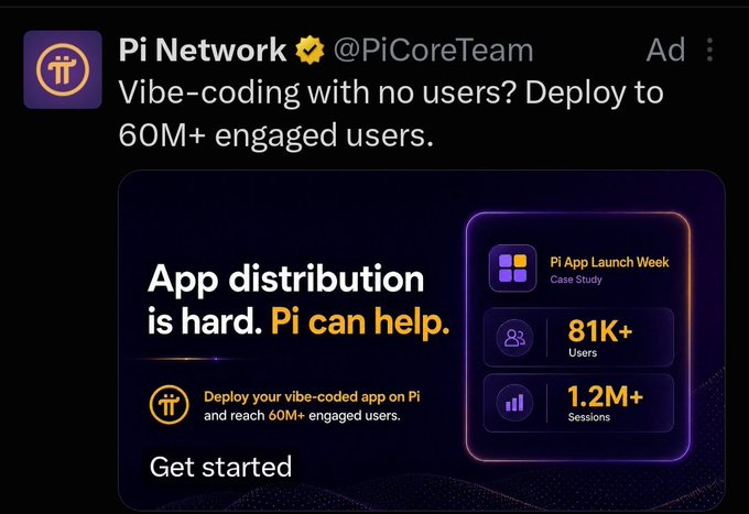 A promoted tweet from Pi Network (@PiCoreTeam) advertises app distribution services for vibe-coded apps, featuring a case study showing 81K+ users and 1.2M+ sessions, reinforcing the post's claim about Pi Network running a promotional campaign on X.