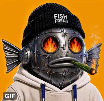 Animated GIF of a 'Fish Frens' character wearing a fish-themed metal helmet with flaming goggles, hooded sweatshirt, smoking a joint, on orange background.