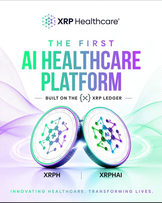 A promotional graphic for XRP Healthcare featuring two stylized tokens labeled "XRPH" and "XRPHAI," with bold text declaring it "THE FIRST AI HEALTHCARE PLATFORM BUILT ON THE XRP LEDGER" and the tagline "INNOVATING HEALTHCARE. TRANSFORMING LIVES." The image visually reinforces the post's message by showcasing the project's dual-token ecosystem and its positioning as a utility-driven AI healthcare platform on the XRP Ledger, urging investors to accumulate before XRP pumps.