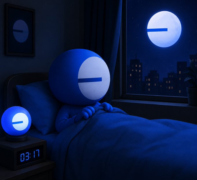 An illustration depicts a blue character with a minus sign for a face sleeping in bed at night, with a digital clock reading 03:17 and a similar character-shaped lamp on the nightstand.