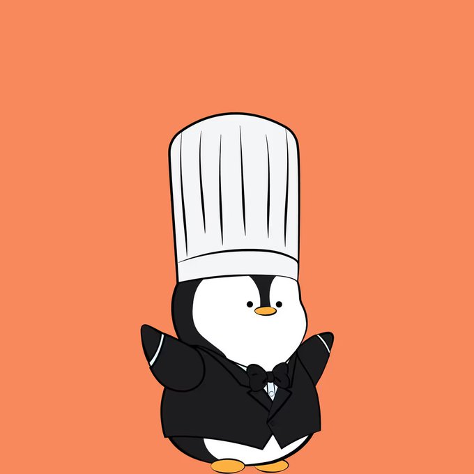 An illustrated penguin character dressed as a chef, wearing a tall white toque and a black tuxedo with a bowtie, set against a solid orange background.
