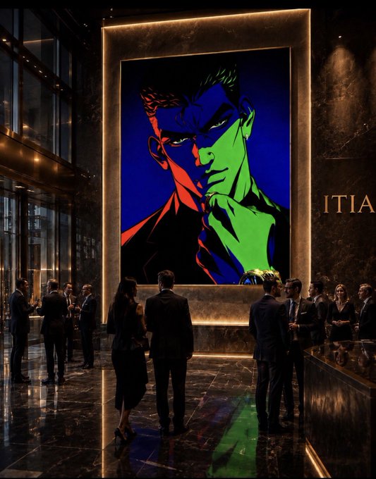 A vibrant pop-art style portrait of a man rendered in bold blue, red, and green colors hangs illuminated in an upscale lobby, with formally dressed guests gathered below and the partial word "ITIA" visible on the wall.