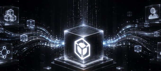 A digital 3D rendering of a glowing cube containing a cube logo, surrounded by abstract data streams and floating cubes.
