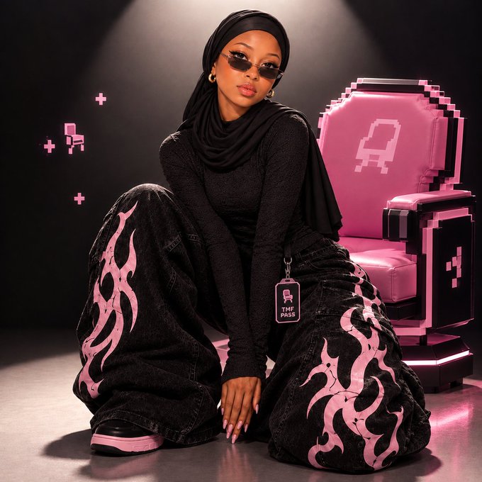 A woman in a black hijab and sunglasses sits on the floor wearing black pants with pink flame patterns, next to a pixelated pink throne with a 'TMF PASS' tag hanging from her outfit.